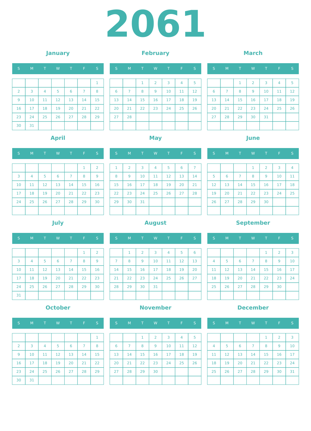 Printable 2061 Year Calendars verdigris