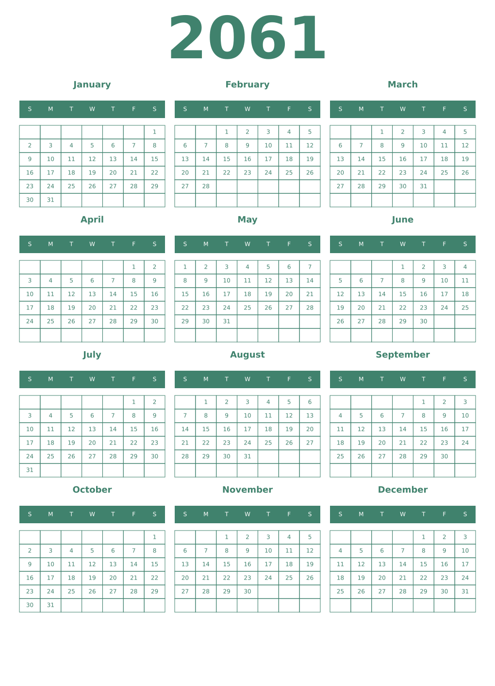 Printable 2061 Year Calendars viridian
