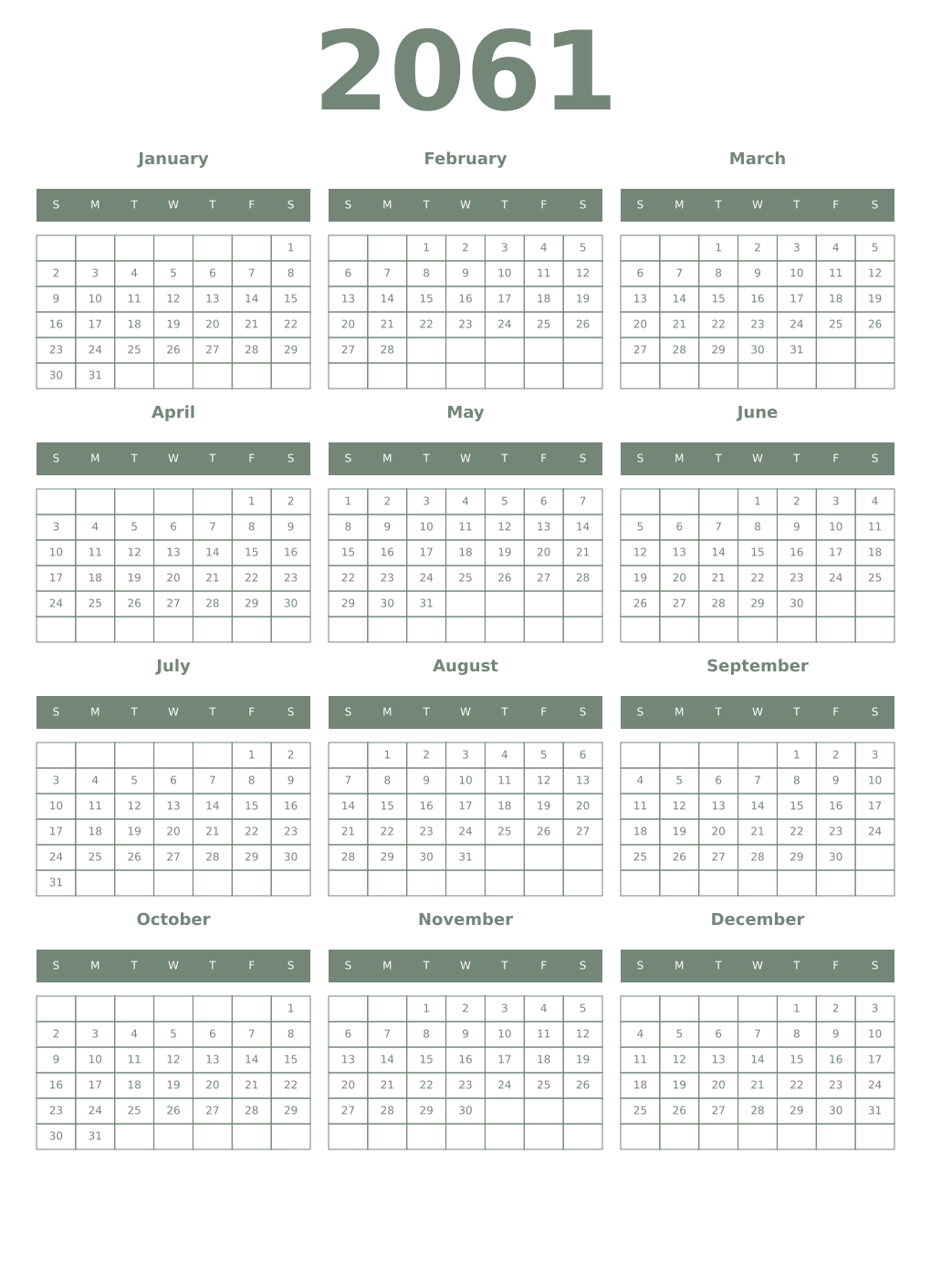 Printable 2061 Year Calendars xanadu