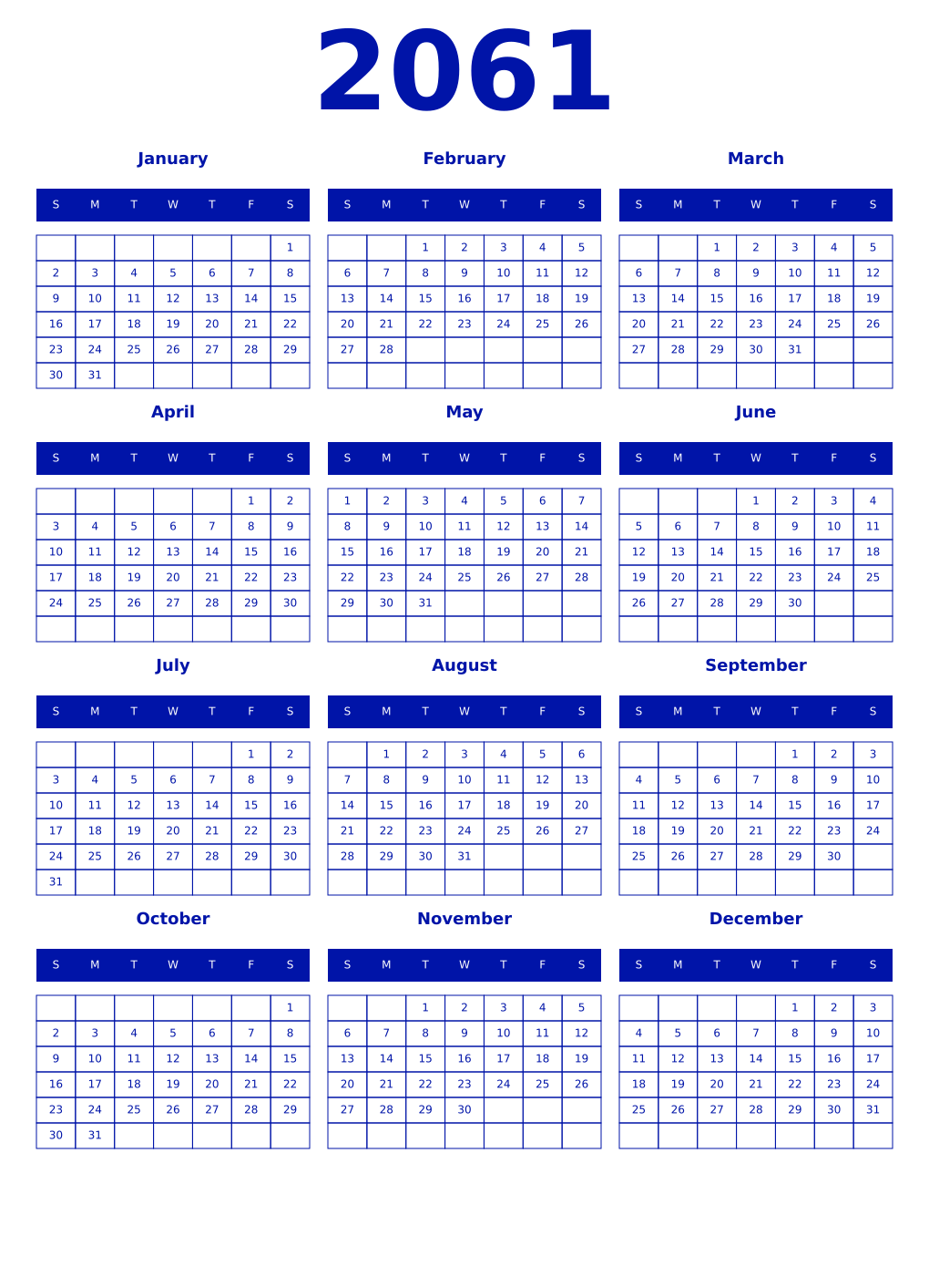 Printable 2061 Year Calendars zaffre