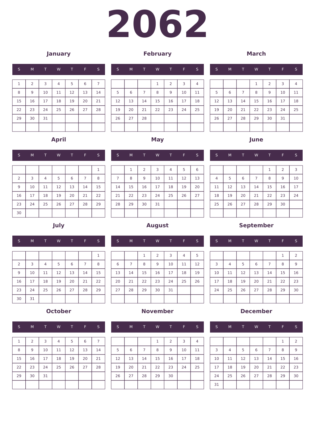Printable 2062 Year Calendars aubergine