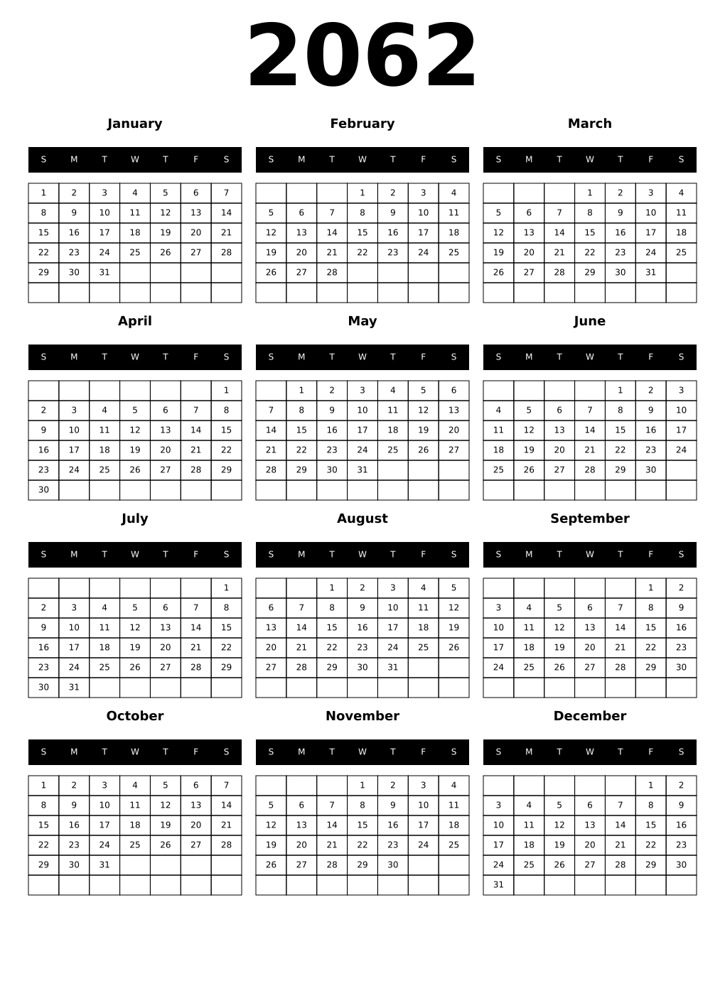 Printable 2062 Year Calendars black