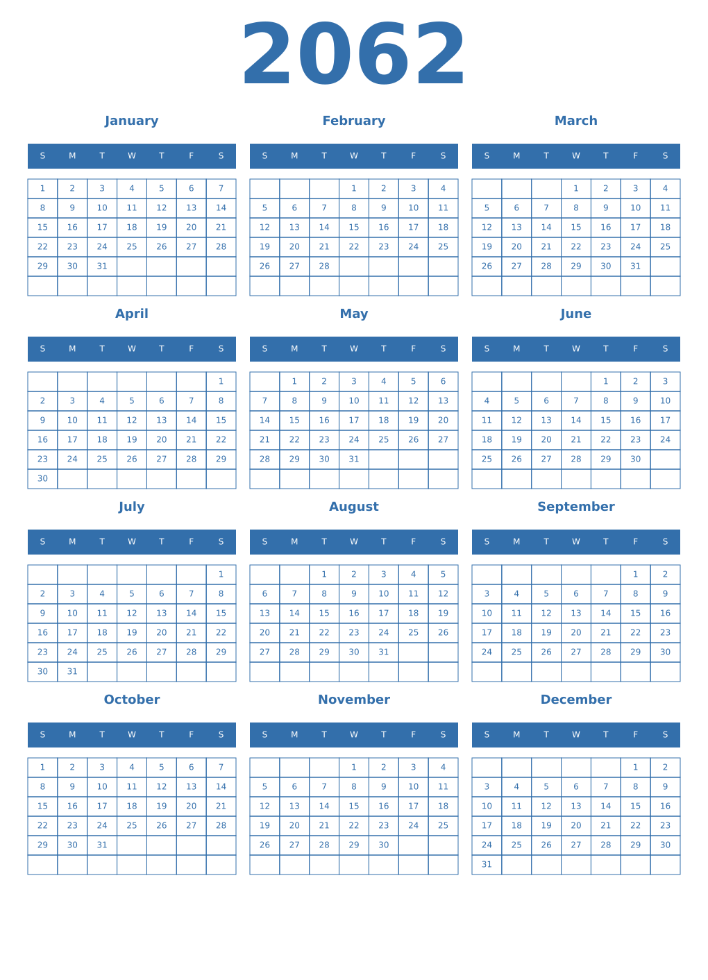 Printable 2062 Year Calendars blue