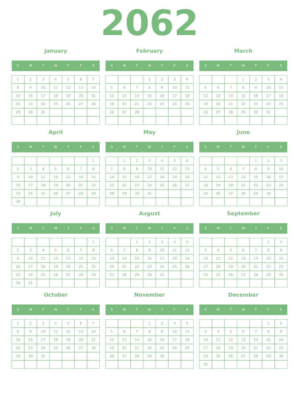 Printable 2062 Year Calendars celadon