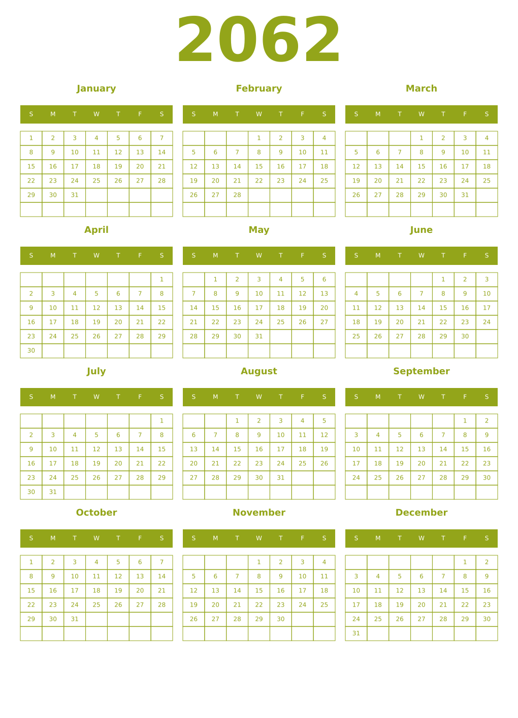 Printable 2062 Year Calendars chartreuse