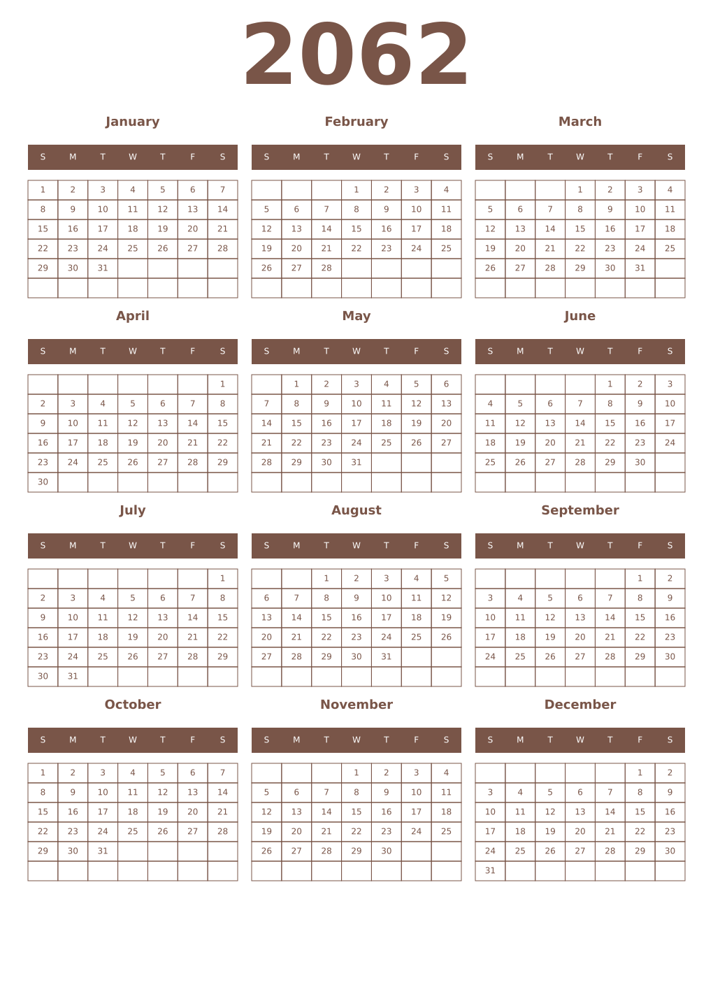 Printable 2062 Year Calendars coffe