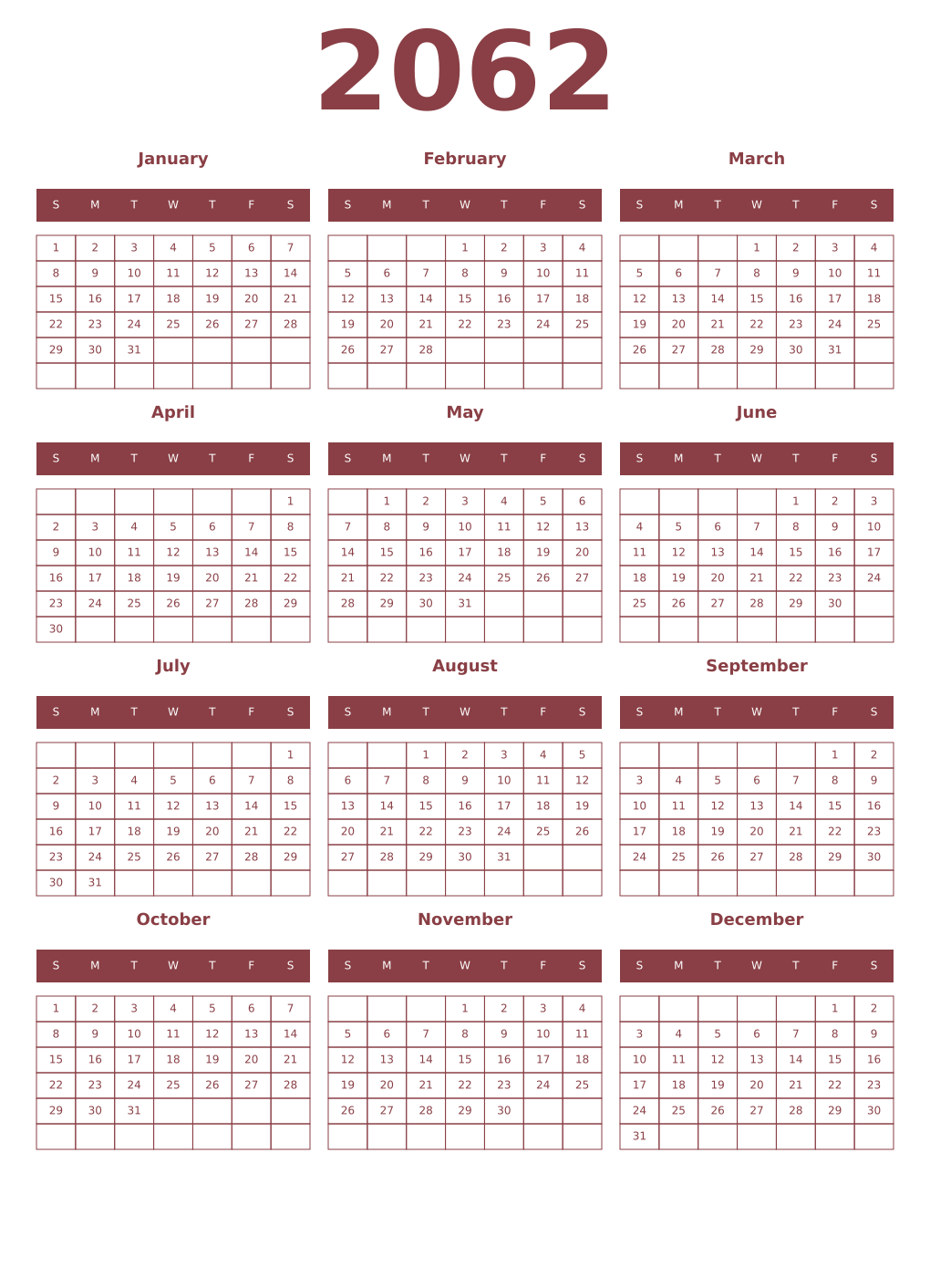 Printable 2062 Year Calendars cordovan