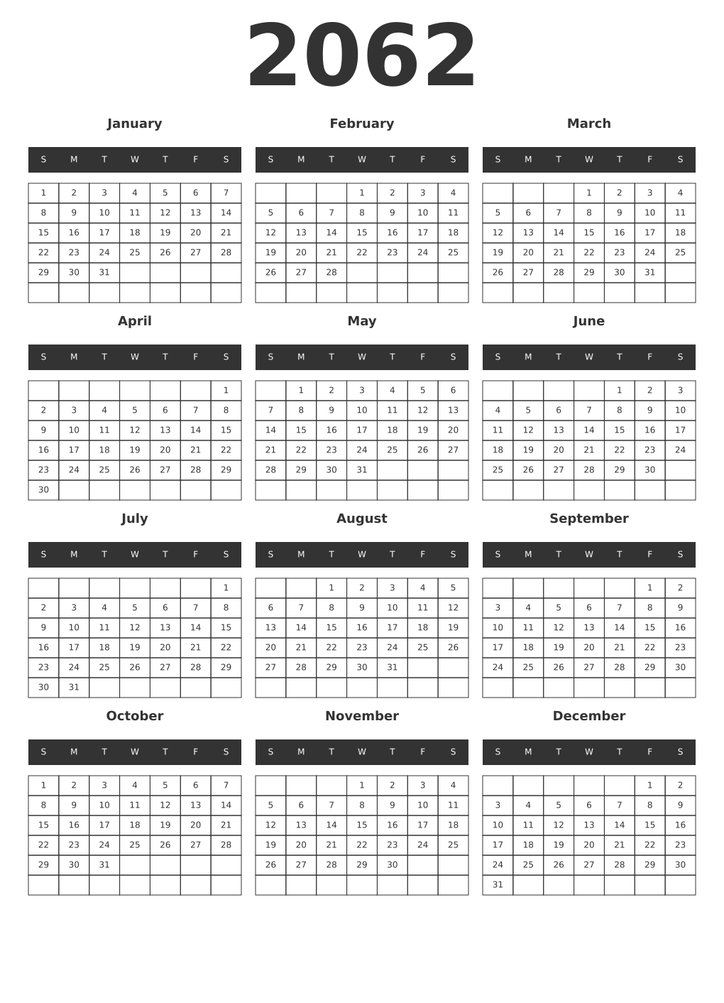Printable 2062 Year Calendars dark