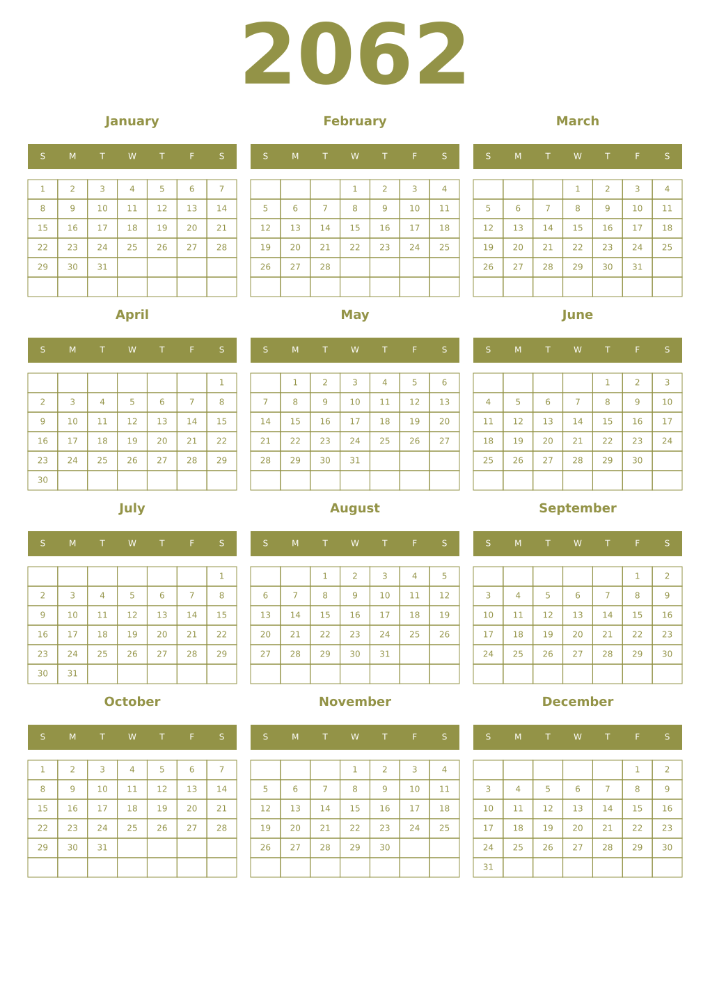 Printable 2062 Year Calendars eburnean