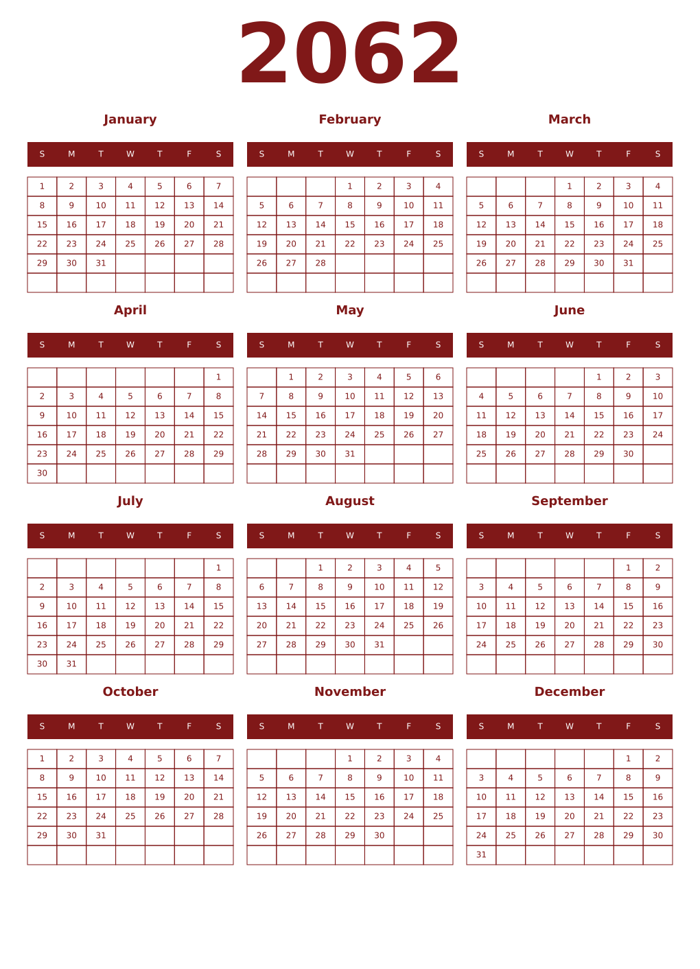 Printable 2062 Year Calendars falu