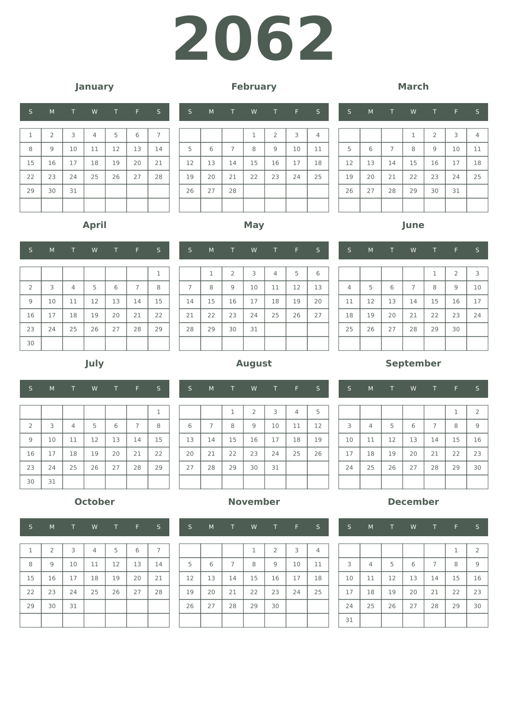 Printable 2062 Year Calendars feldgrau