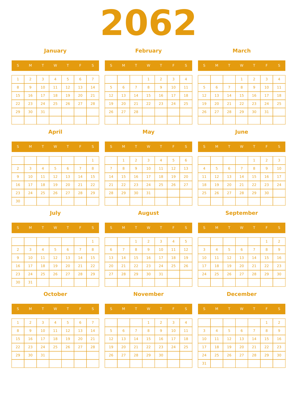 Printable 2062 Year Calendars gamboge