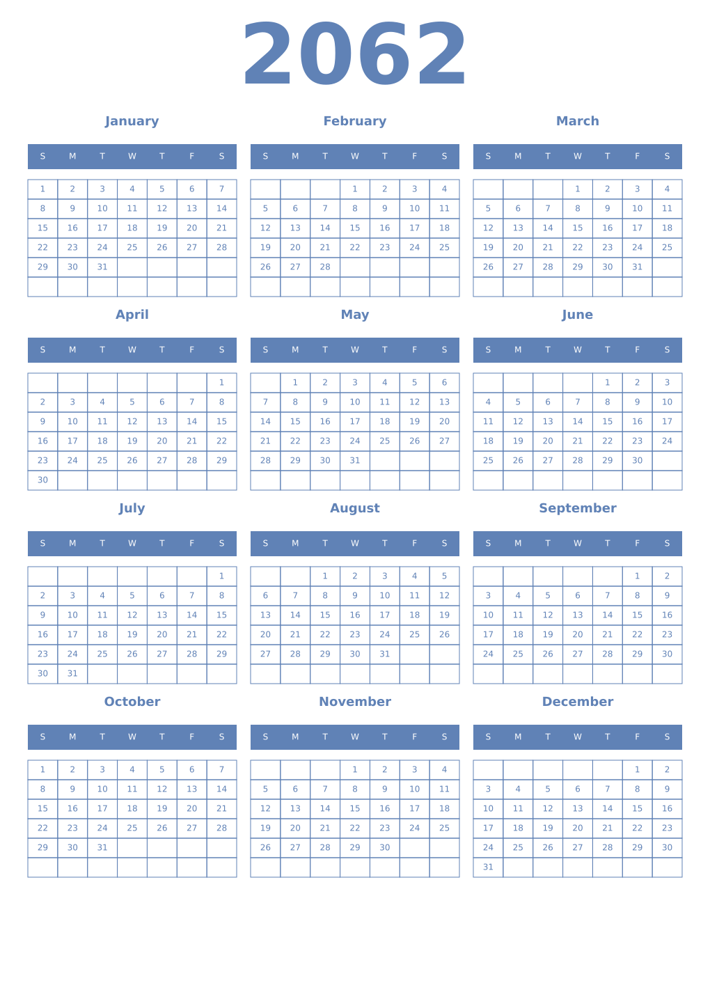 Printable 2062 Year Calendars glaucous