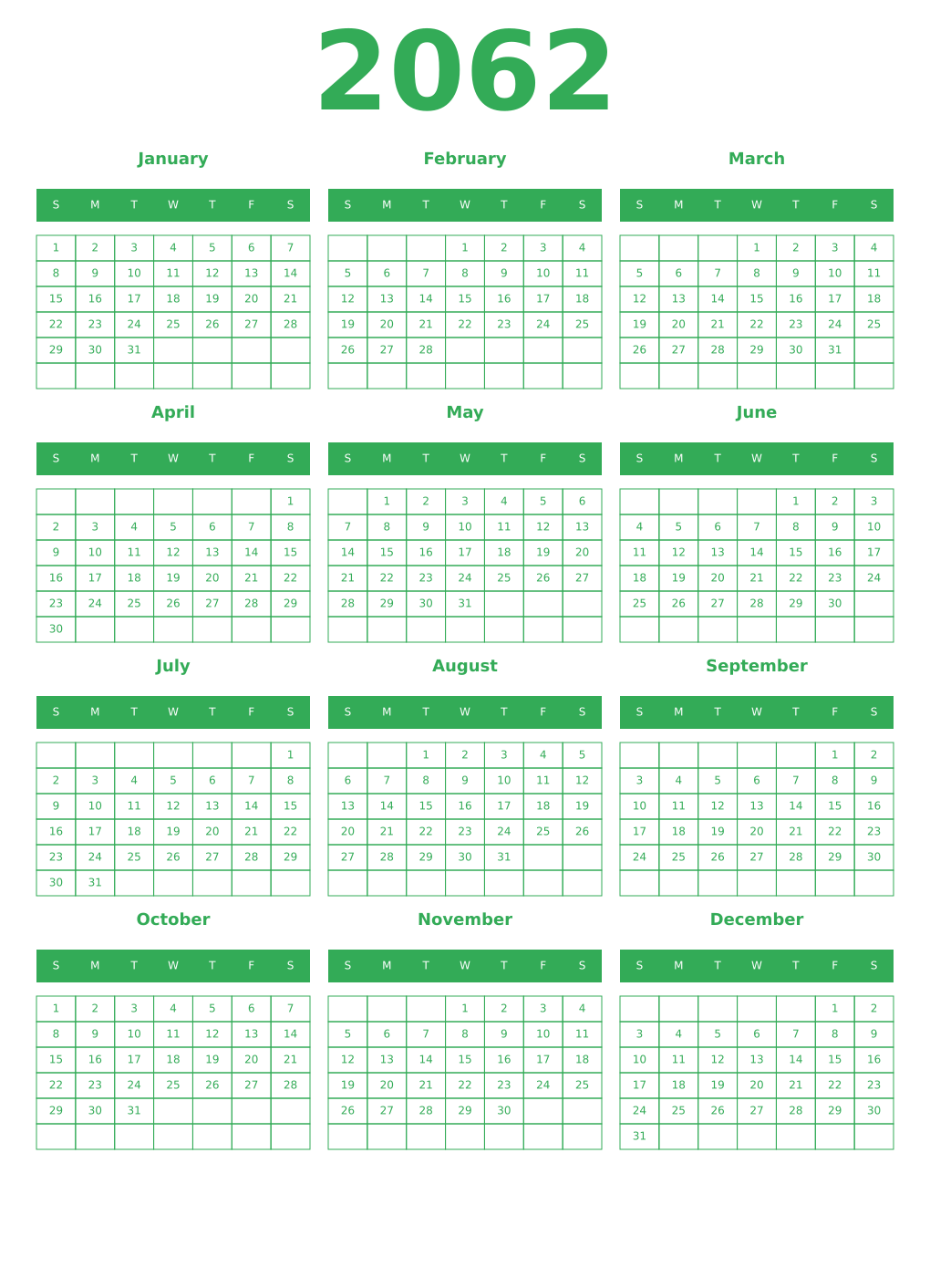 Printable 2062 Year Calendars green