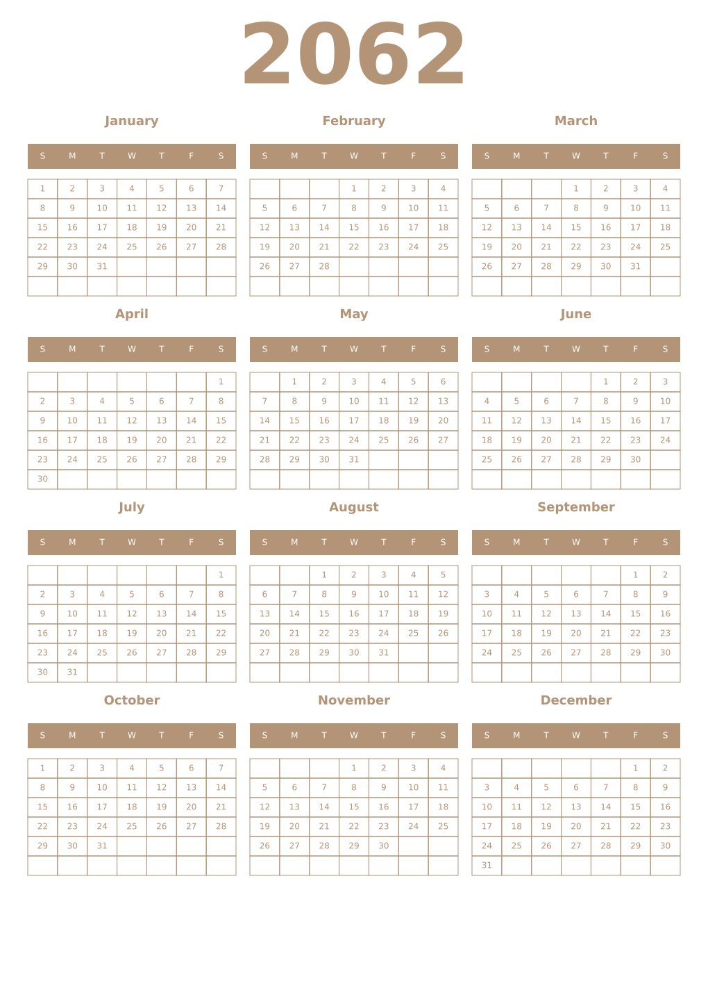 Printable 2062 Year Calendars isabelline