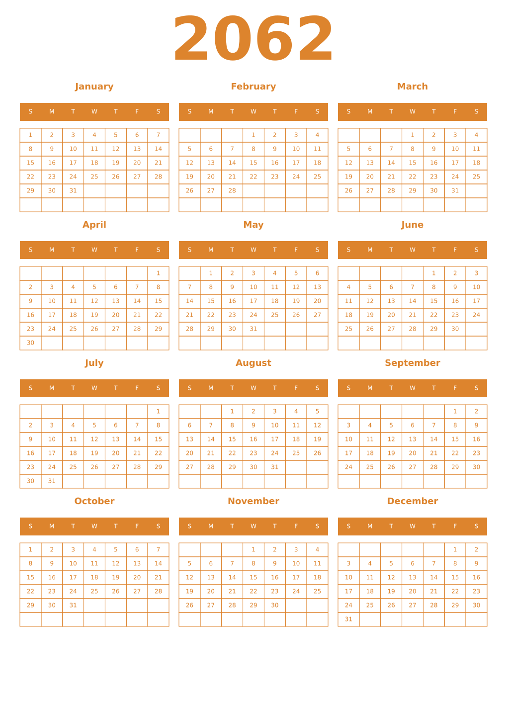 Printable 2062 Year Calendars orange