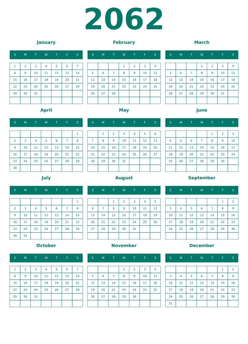 Printable 2062 Year Calendars pastel