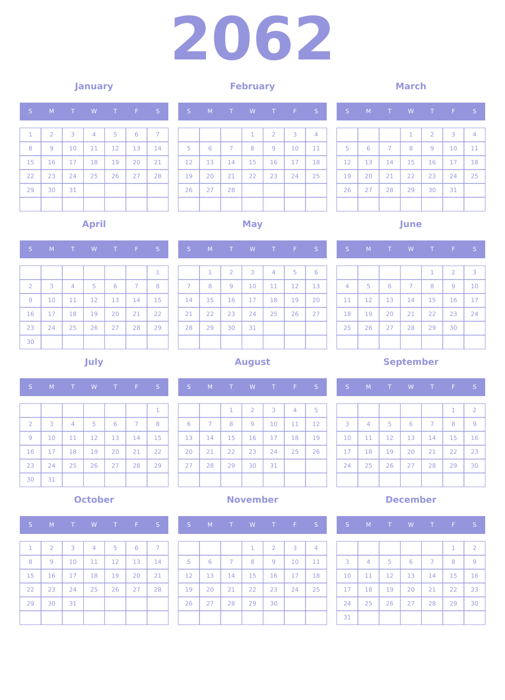 Printable 2062 Year Calendars periwinkle