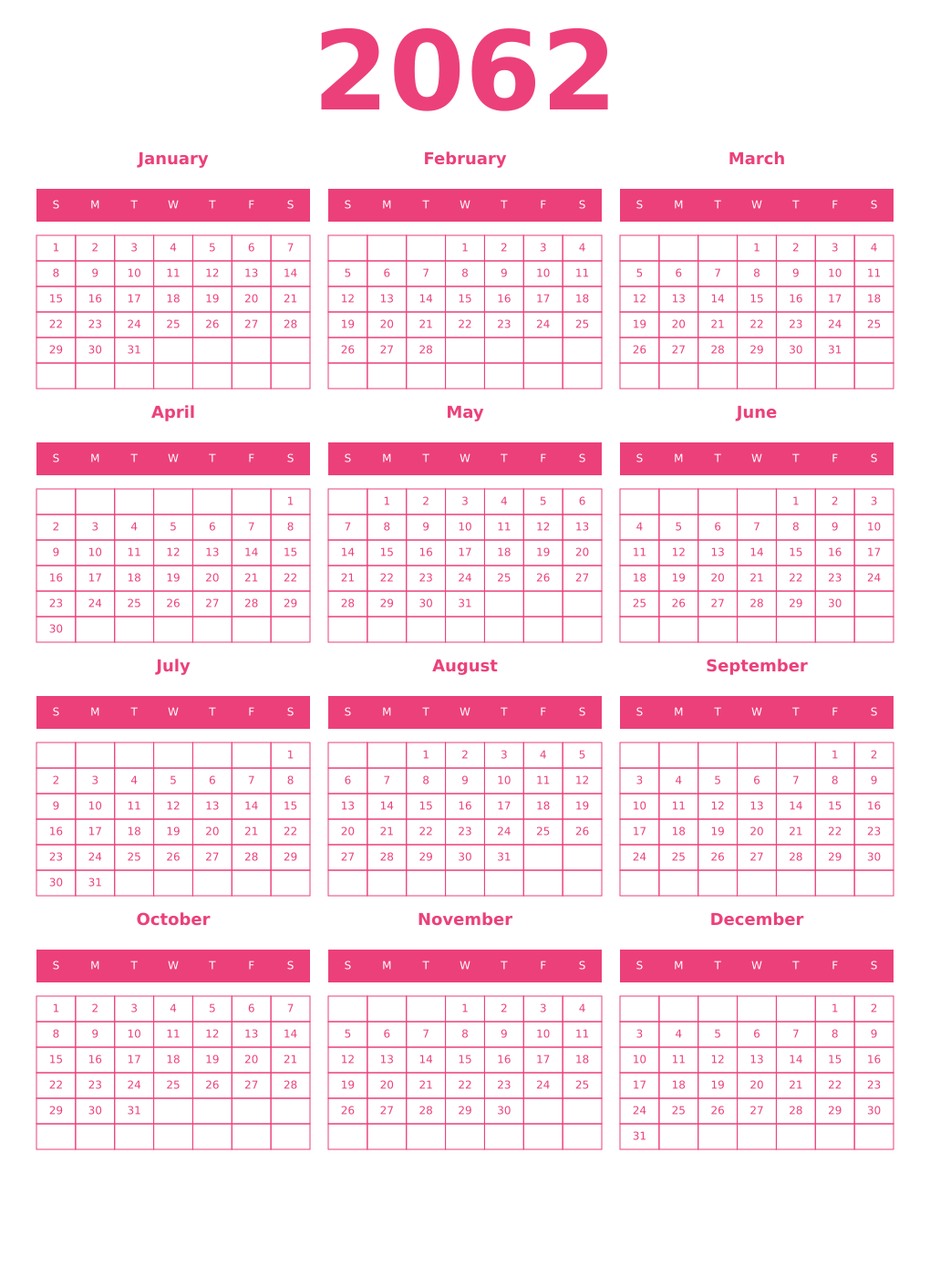 Printable 2062 Year Calendars pink