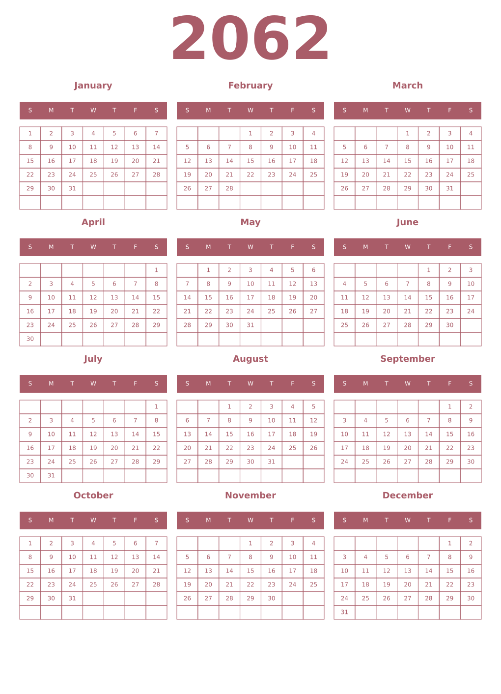 Printable 2062 Year Calendars puce