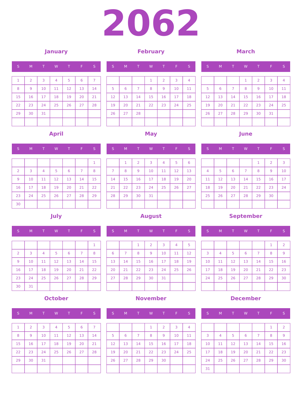 Printable 2062 Year Calendars purple