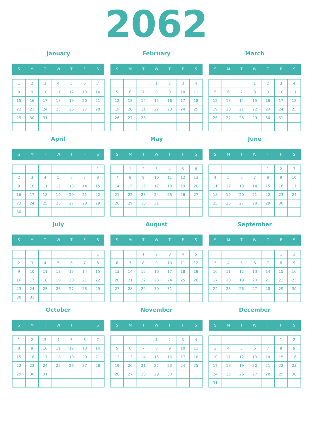 Printable 2062 Year Calendars verdigris