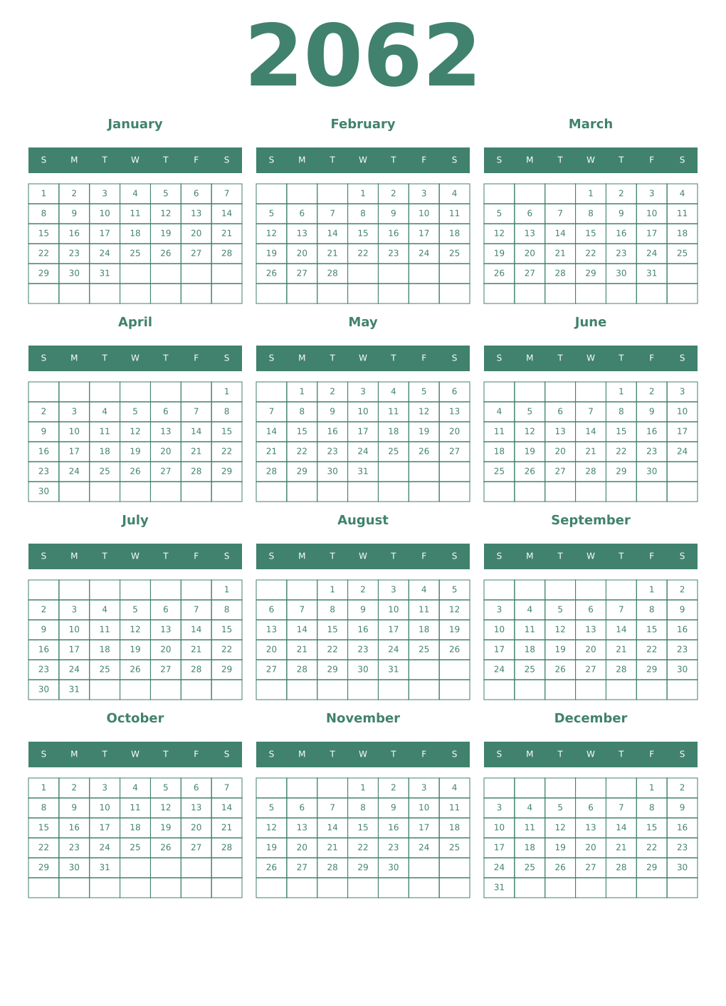 Printable 2062 Year Calendars viridian