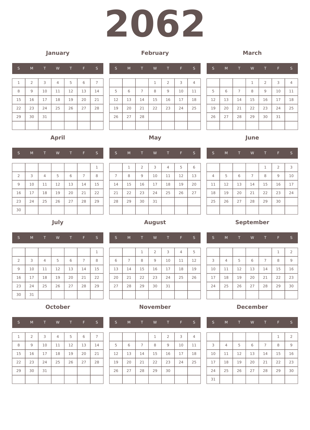 Printable 2062 Year Calendars wenge