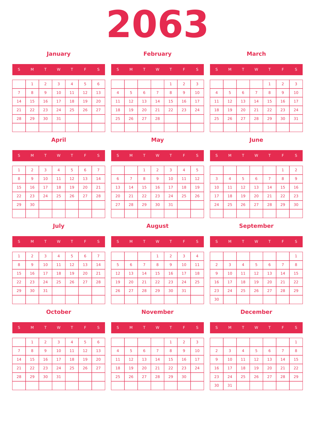 Printable 2063 Year Calendars amaranth