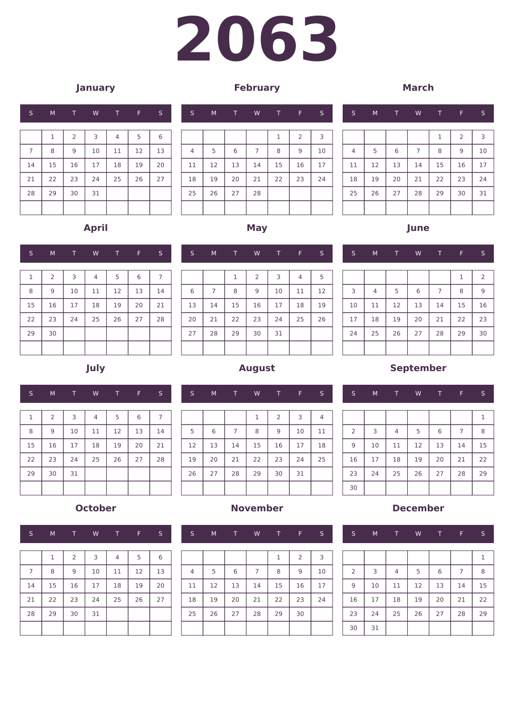 Printable 2063 Year Calendars aubergine
