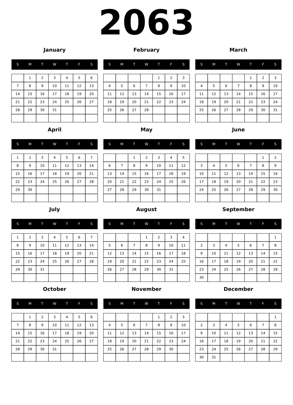 Printable 2063 Year Calendars black