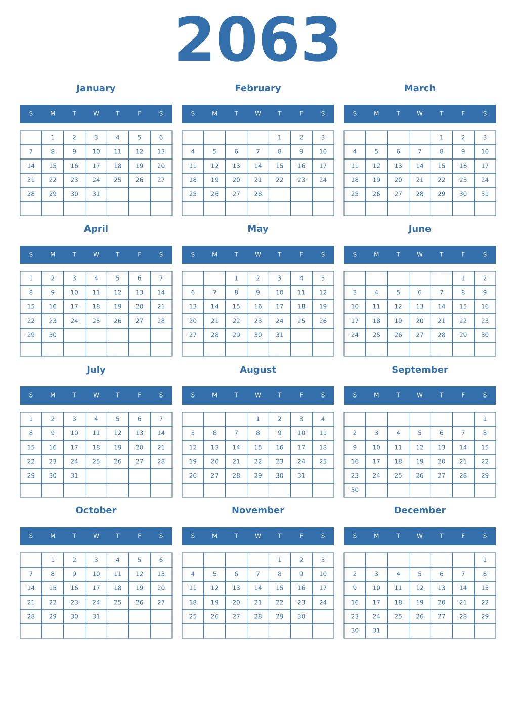 Printable 2063 Year Calendars blue