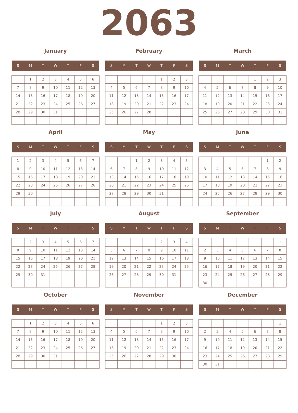 Printable 2063 Year Calendars coffe