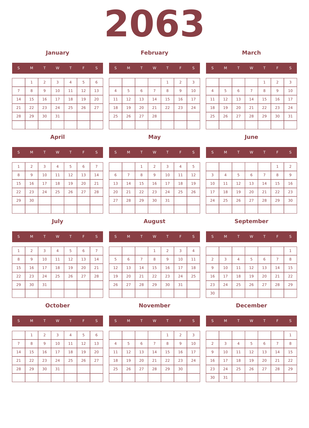 Printable 2063 Year Calendars cordovan