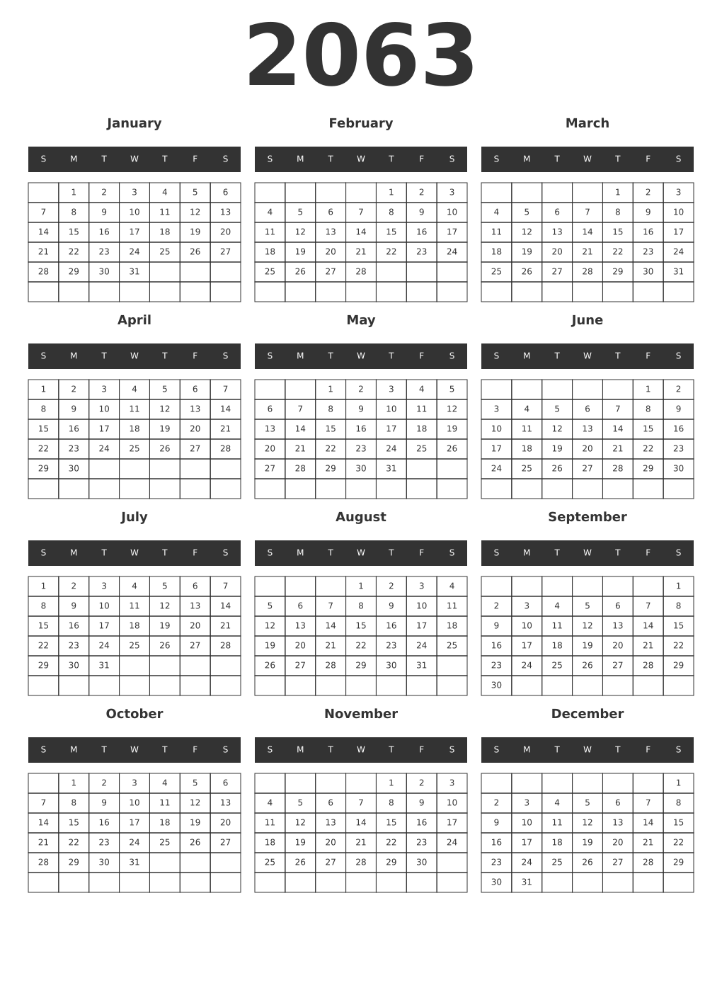 Printable 2063 Year Calendars dark