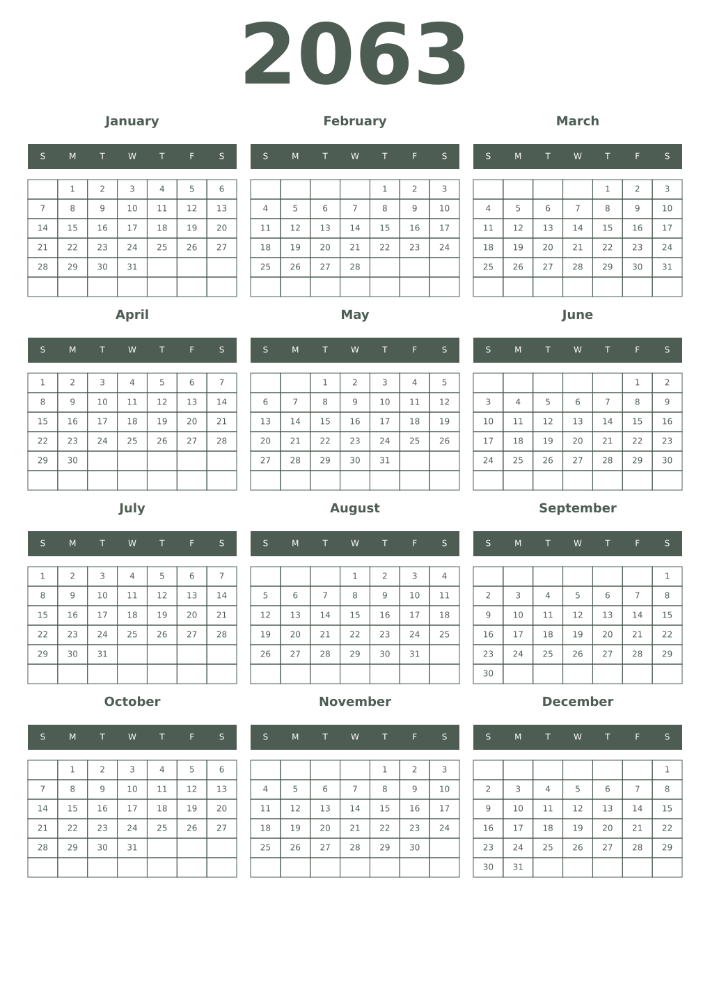 Printable 2063 Year Calendars feldgrau