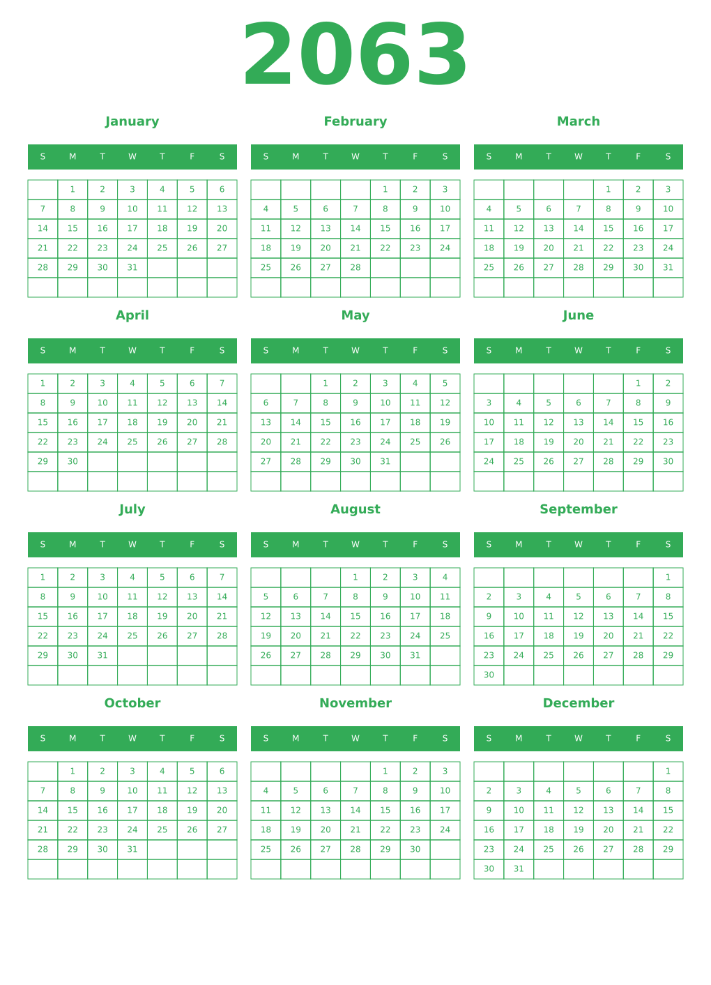 Printable 2063 Year Calendars green