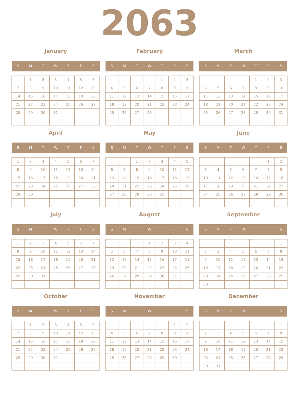 Printable 2063 Year Calendars isabelline