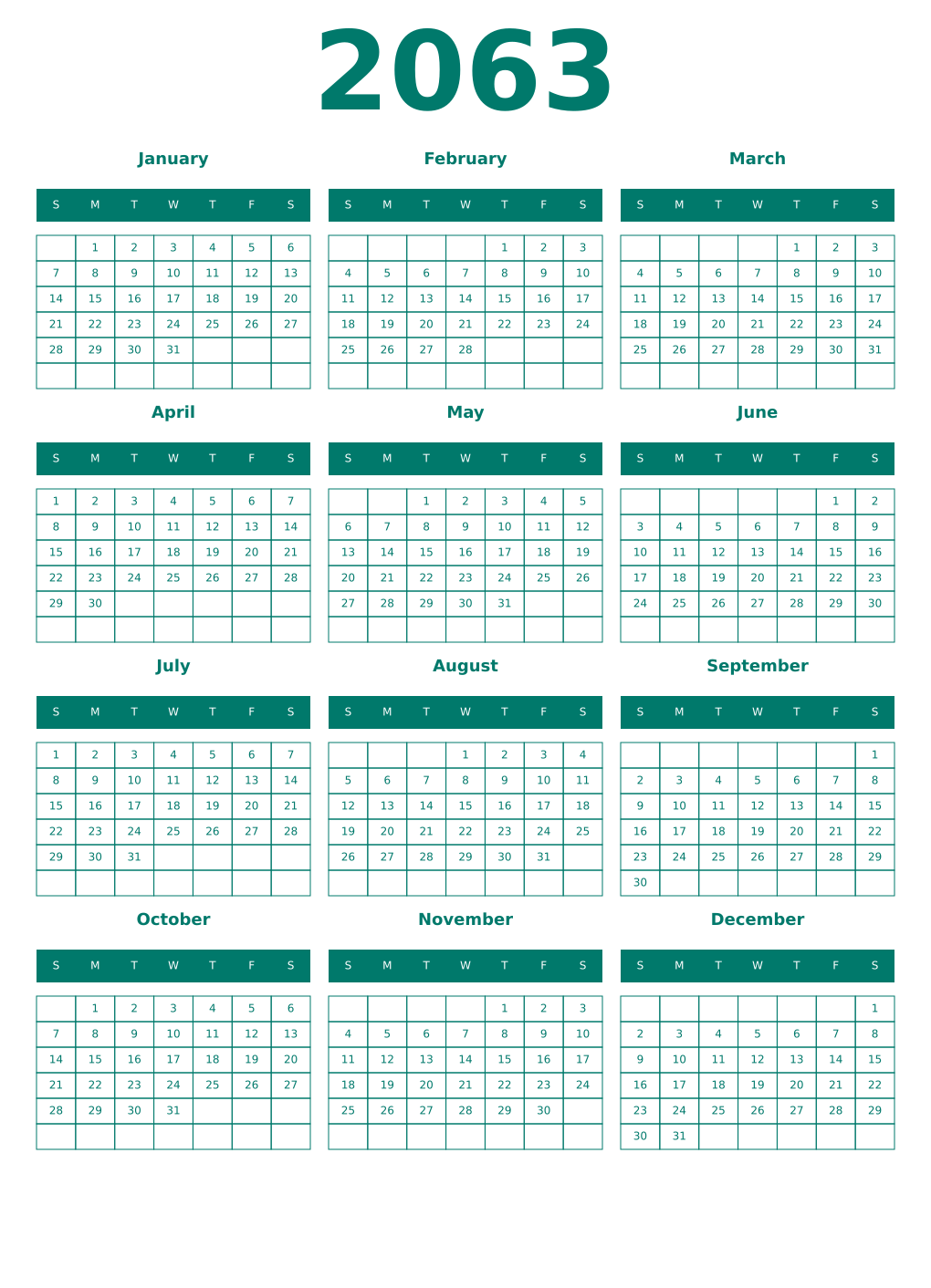 Printable 2063 Year Calendars pastel