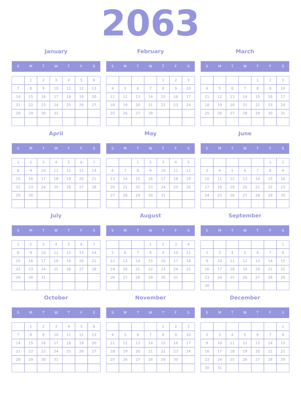 Printable 2063 Year Calendars periwinkle
