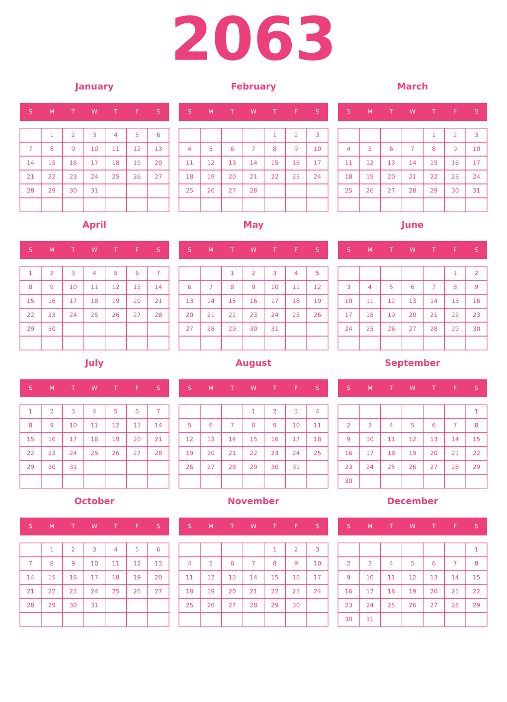 Printable 2063 Year Calendars pink