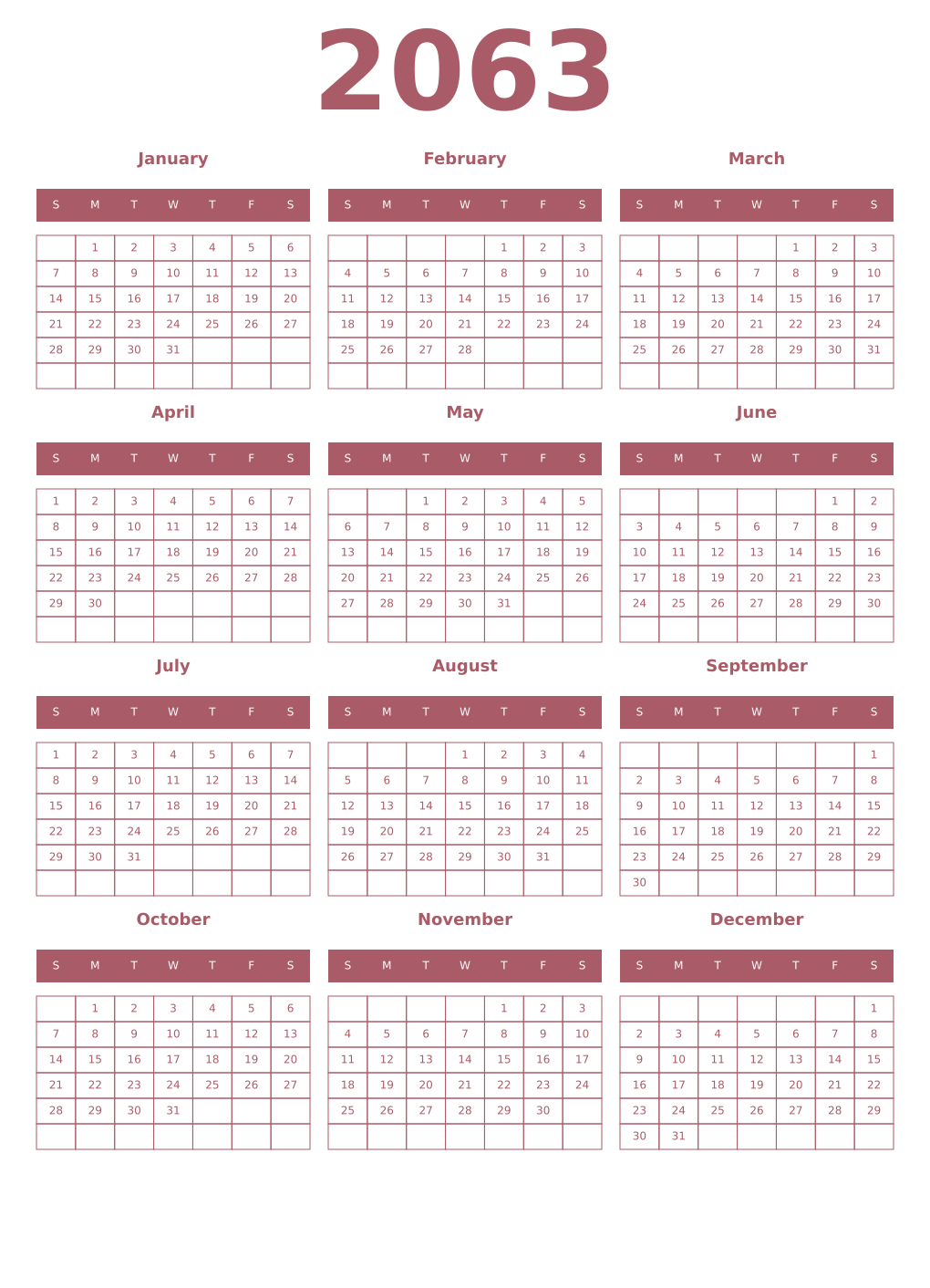 Printable 2063 Year Calendars puce