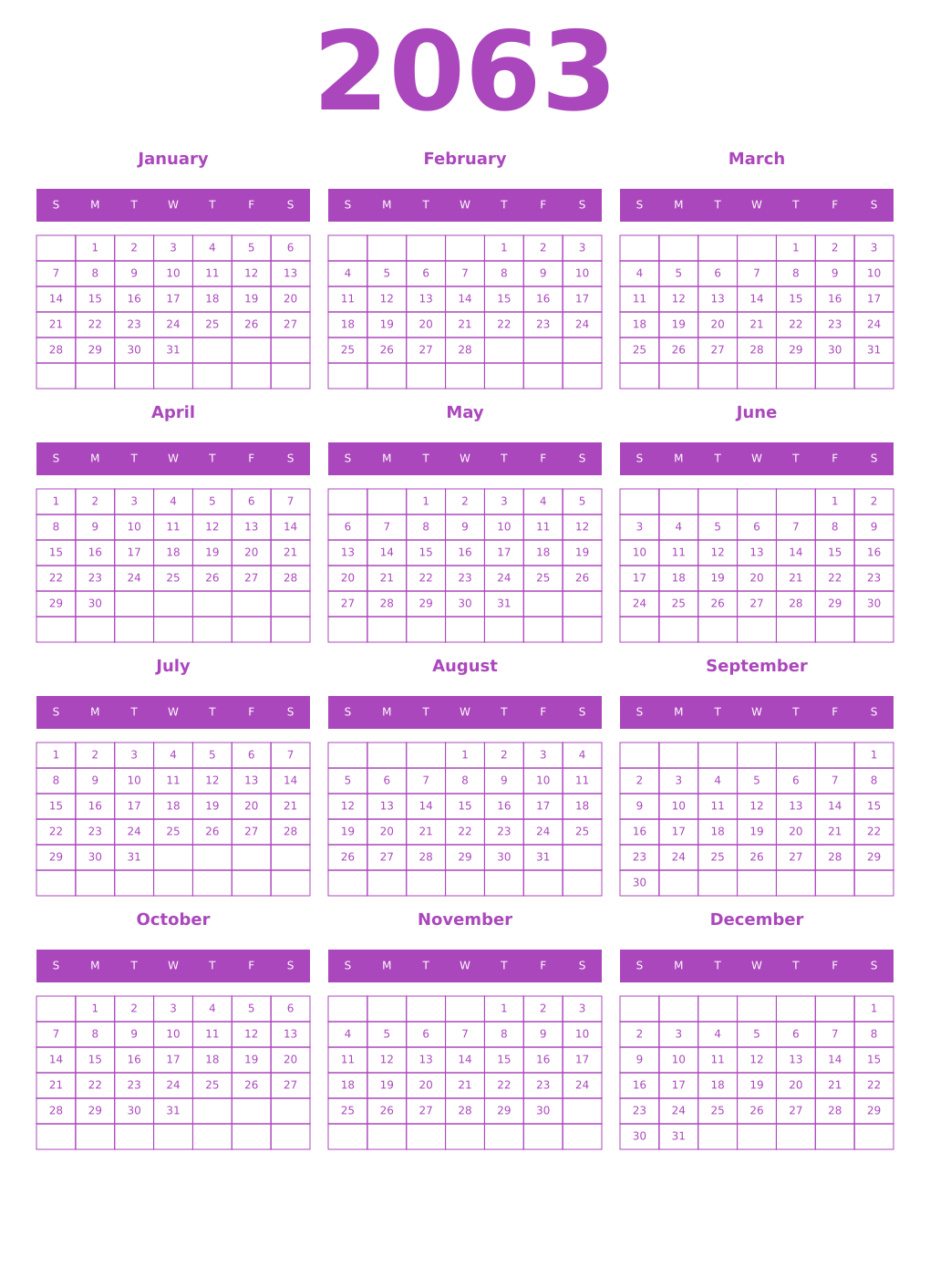 Printable 2063 Year Calendars purple