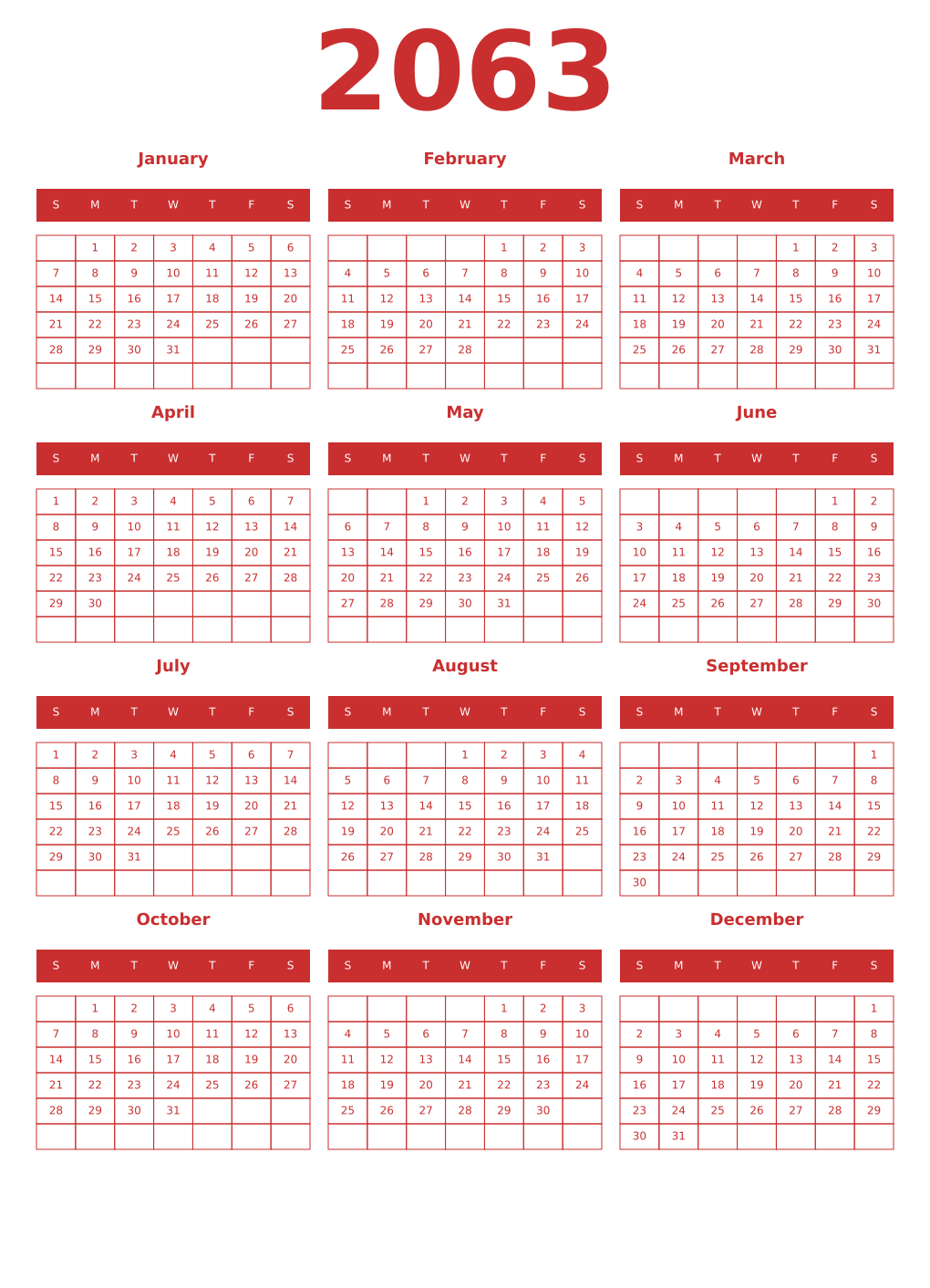 Printable 2063 Year Calendars red