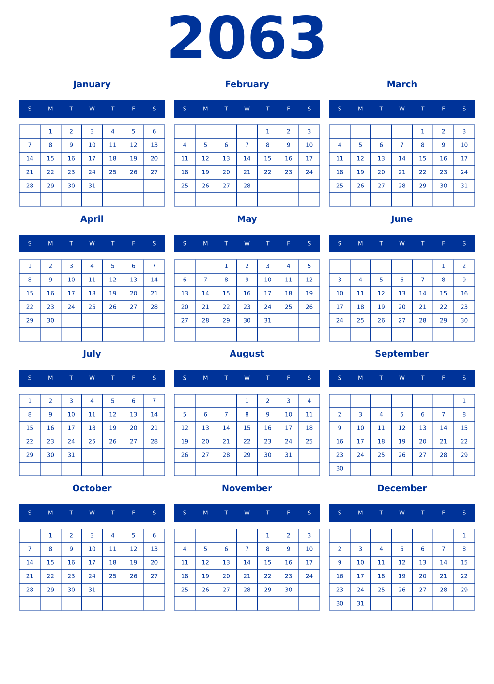 Printable 2063 Year Calendars smalt