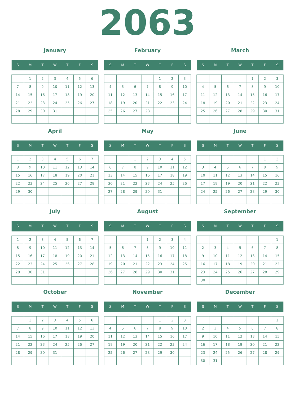 Printable 2063 Year Calendars viridian
