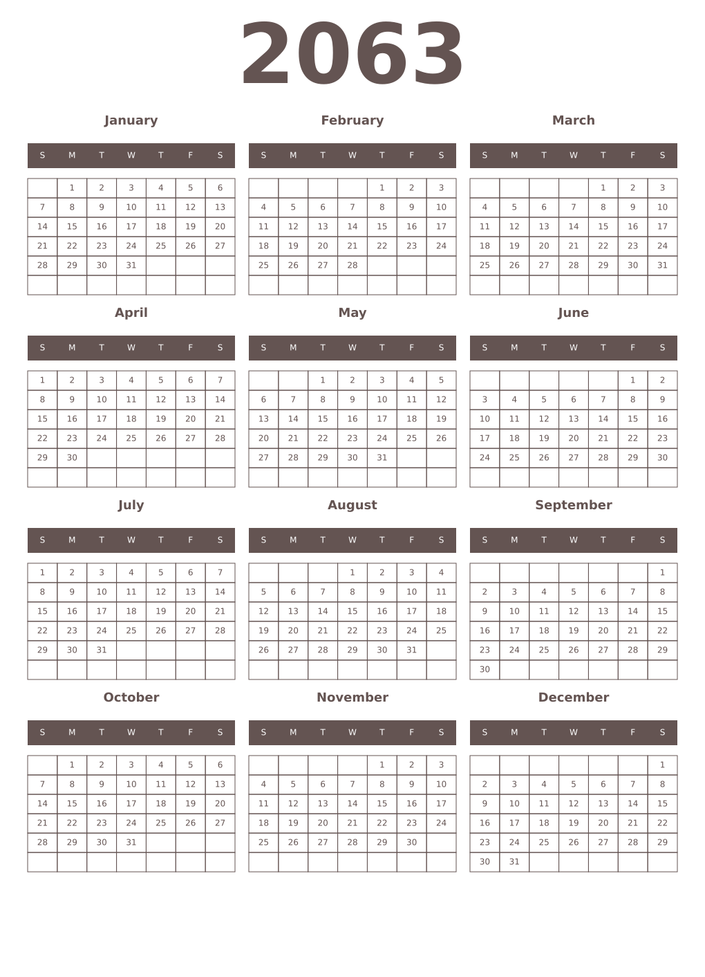 Printable 2063 Year Calendars wenge