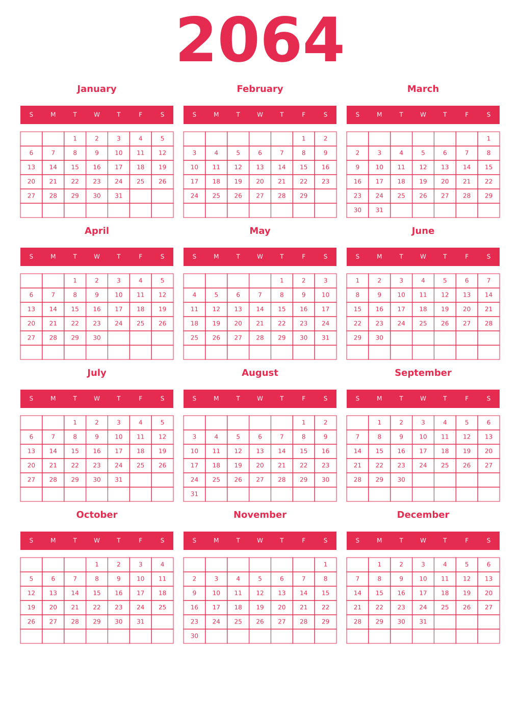 Printable 2064 Year Calendars amaranth