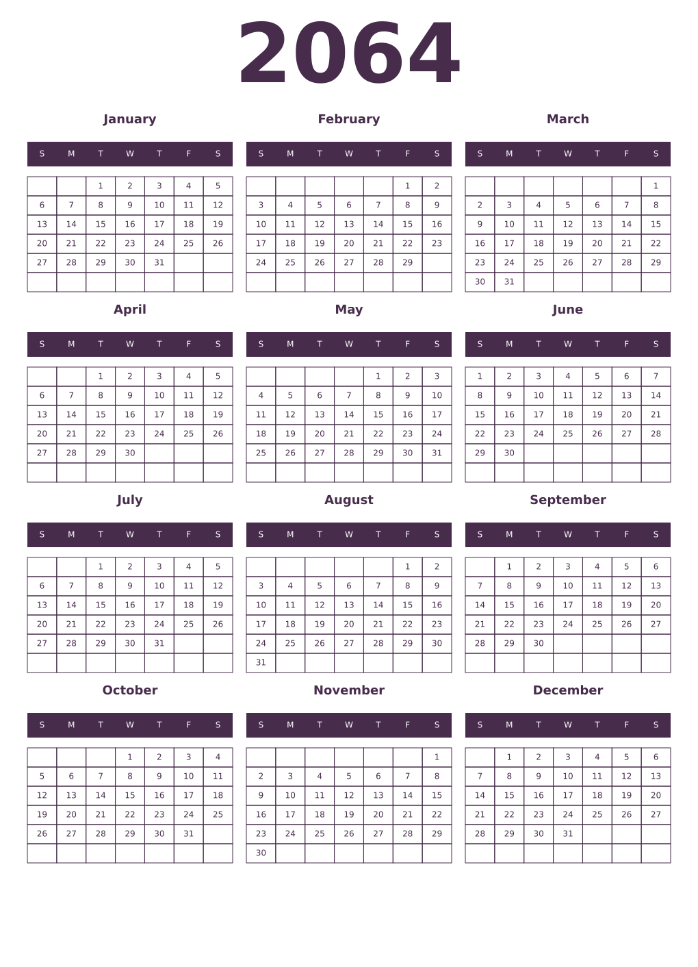 Printable 2064 Year Calendars aubergine