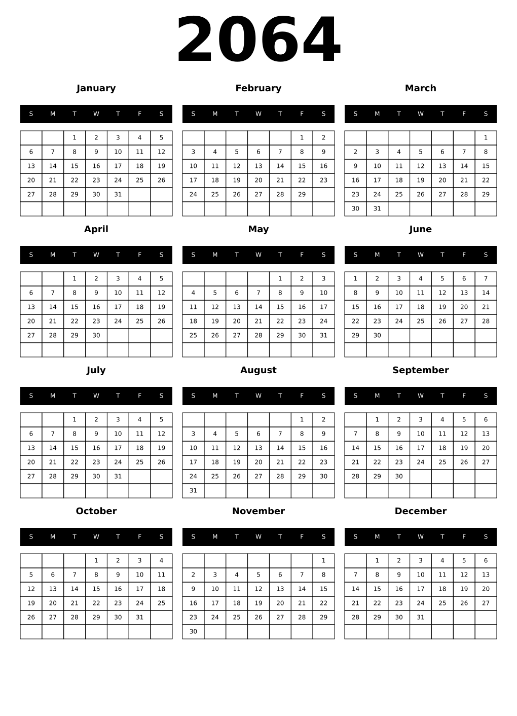Printable 2064 Year Calendars black